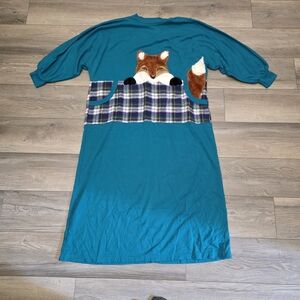 Adonna Teal Pajama Dress with Fox and Plaid Accents
